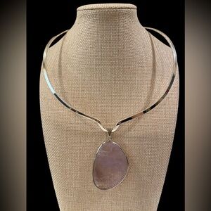 Silver Tone Torque Choker Necklace with Quartz Pendent